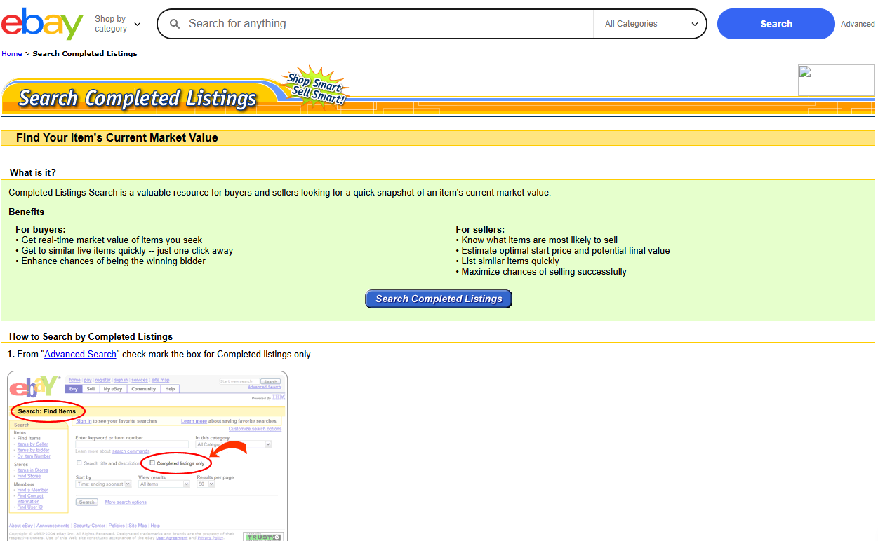 A screenshot showing the 'search completed listings' option in eBay. The screenshot shows instructions on how to complete a search.