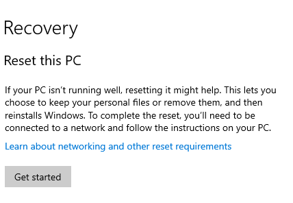 A screenshot from Windows that says 'Recovery, Reset this PC, Get Started'